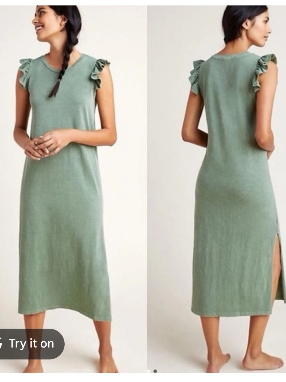 🌿 Anthropologie Sundry Ayana Midi Ruffle Sleeve  Dress | Size 0 | Olive Sage